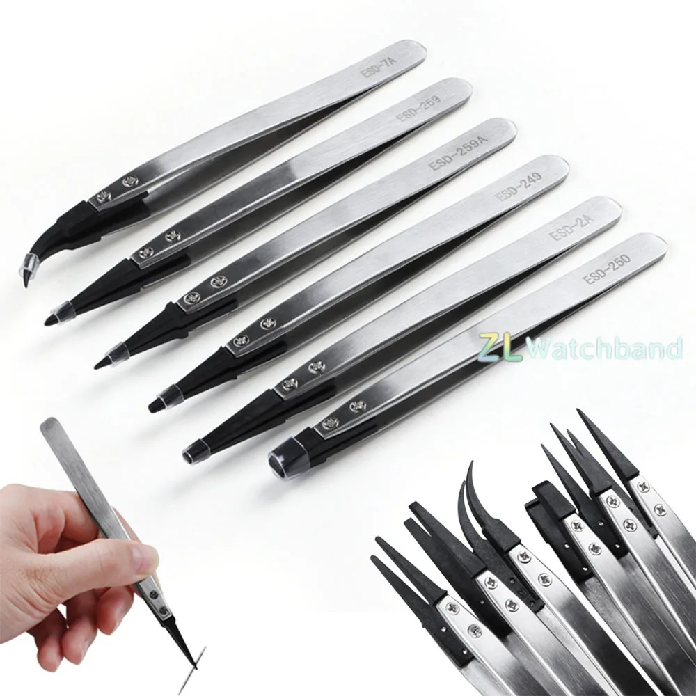 1PC Watch Repair Tool for Watchmaker Straight Elbow Handle Stainless Antistatic Plastic Tweezers ESD-259 ESD-259A ESD-7A
