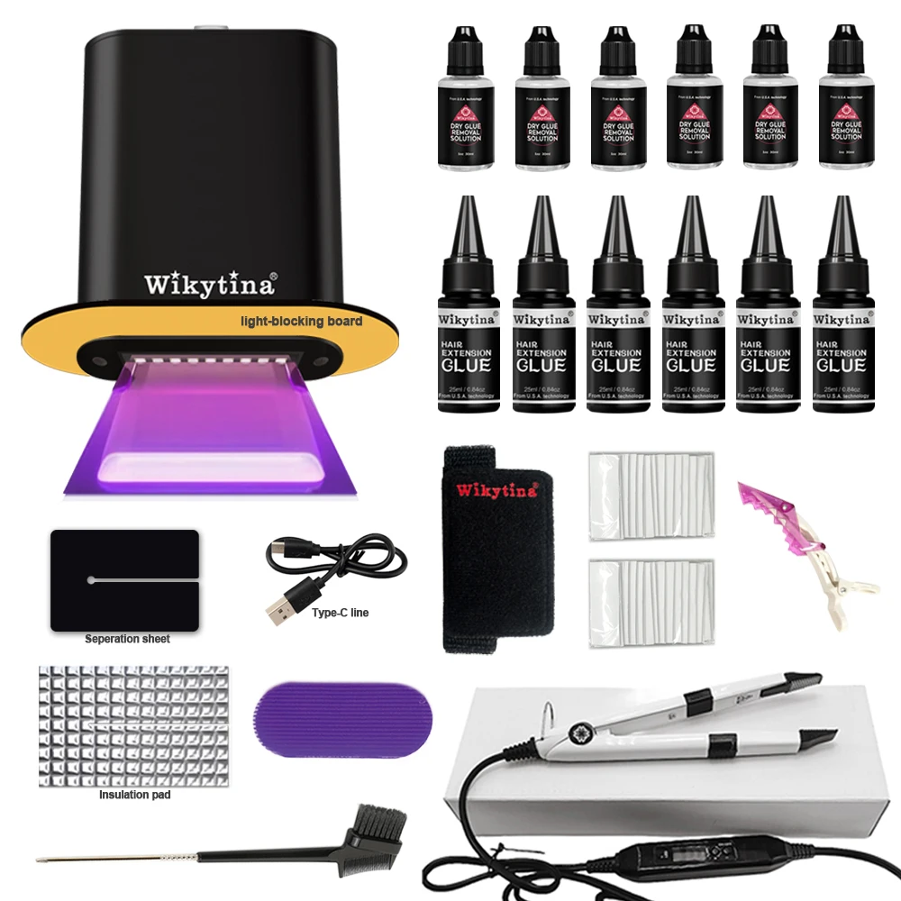 Kit avanzado de extensiones de cabello con luz en V, extensiones con cinta con máquina UV de alta tecnología y pegamento para uso en salón de calidad, cabello sin costuras