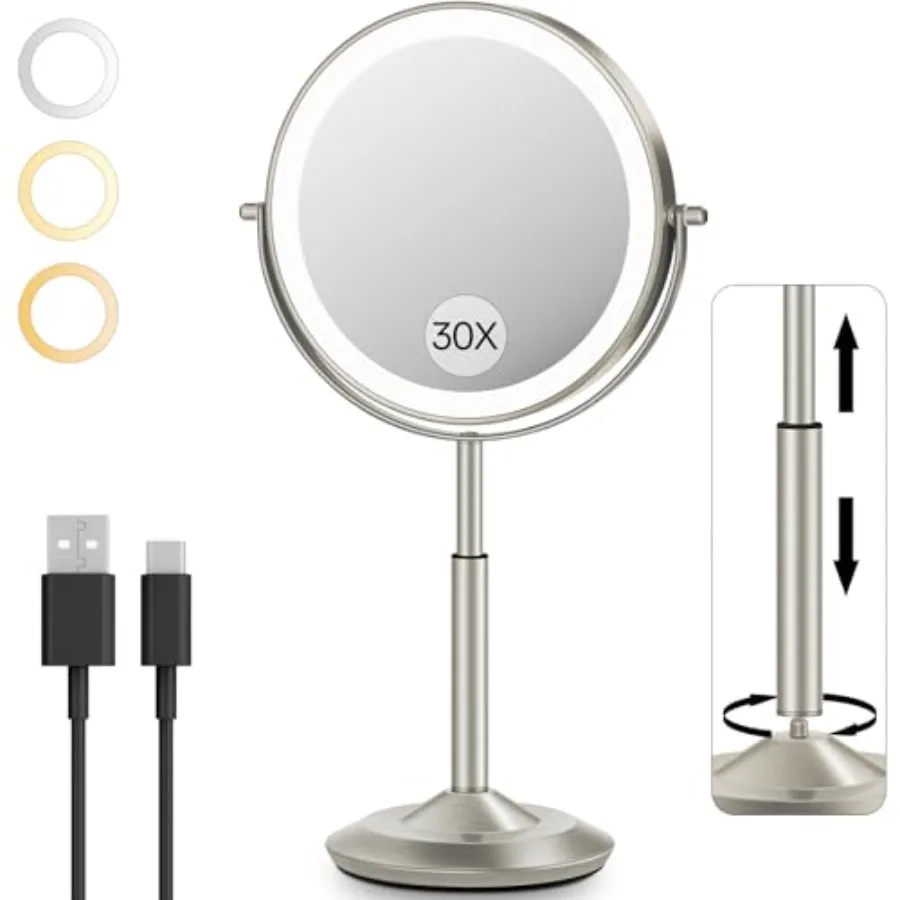 

Зеркало для макияжа 30X/1X с подсветкой, регулируемое по высоте, увеличительное, с 3 режимами освещения и регулируемой яркостью