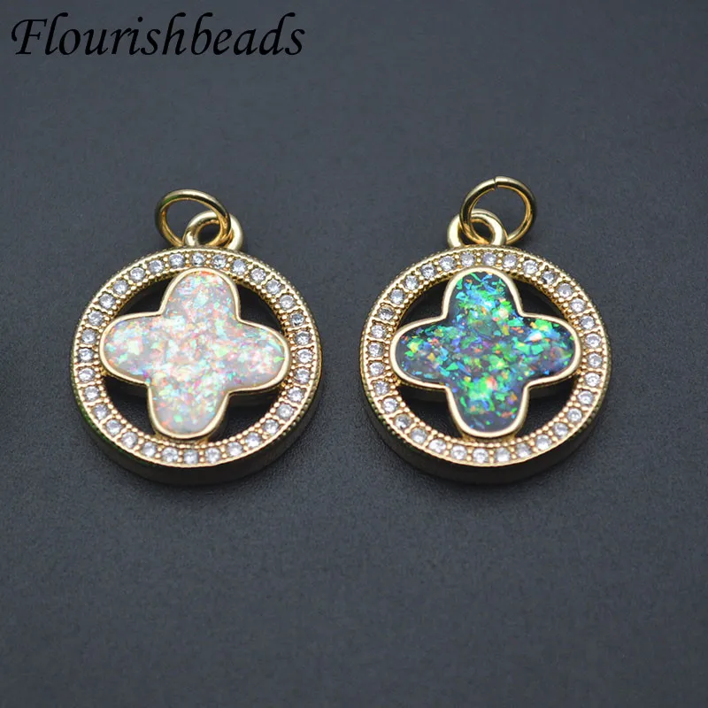 New Arrival Flower Shape Paved Zircon Round Shape Opal Pendant for DIY Jewelry Making Necklace 10pcs/lot