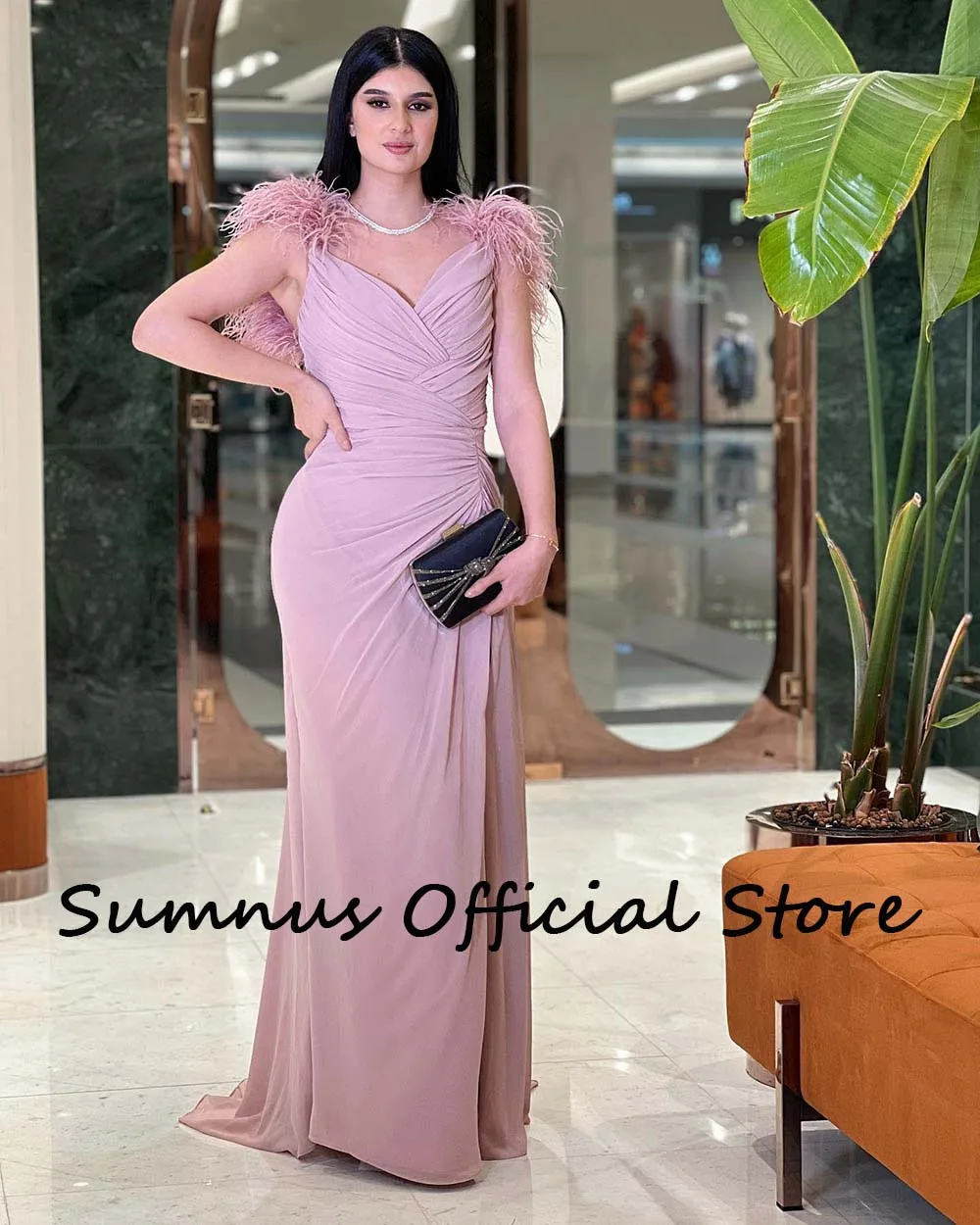 Sumnus Black Feather Straps Evening Dresses Side Split Sexy V Neck Pleats Chiffon Long Party Prom Dress Formal Robe de Soiree