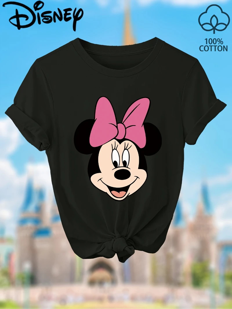 

Футболка с рисунком Disney Minnie Mouse и розовым бантом, женская и мужская модная повседневная летняя спортивная свободная футболка с круглым вырезом и короткими рукавами