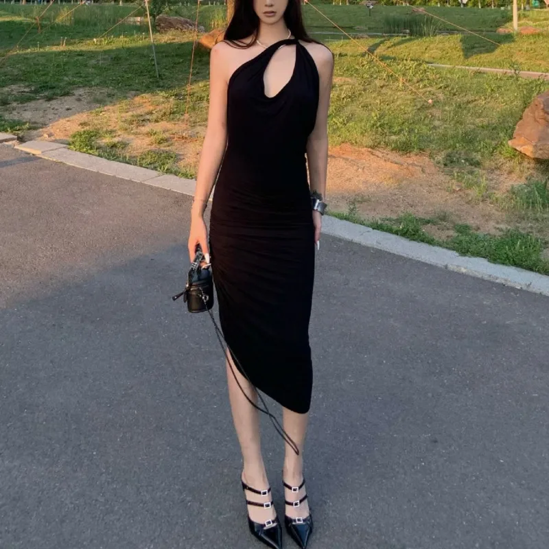 HKSH Summer New Women Tide Dress Solid Color Sheath Asymmetric Shoulder Slim Fit Sexy Elegant Stylish High Street Dresses HK8207