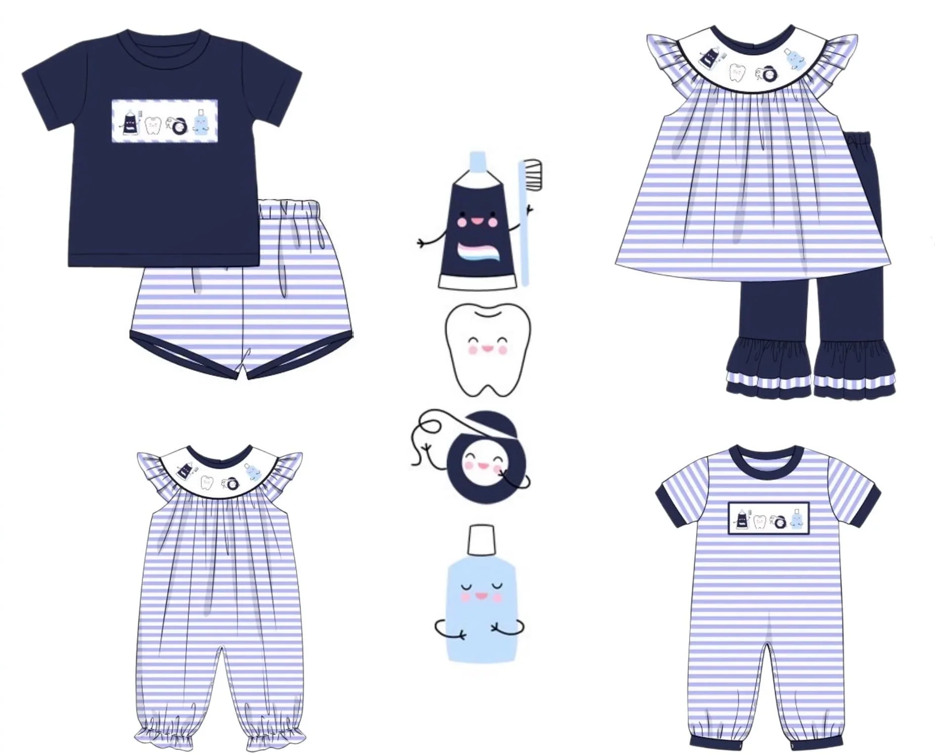 New boutique children's set pearl toothpaste tooth printed trousers lace girls boys plaid shorts set baby romper