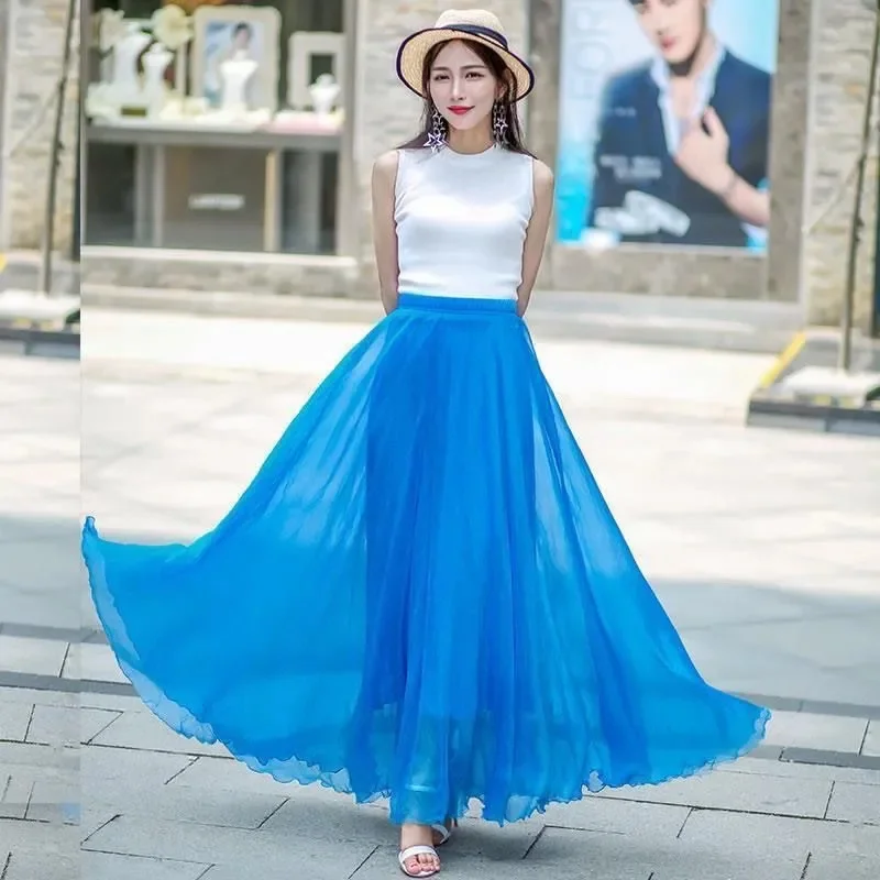 

2024 Women Skirts Summer Elastic Waist Elegant Casual All-match Seaside Holiday Skirt Bohemian Big Skirt Chiffon Beach Skirt