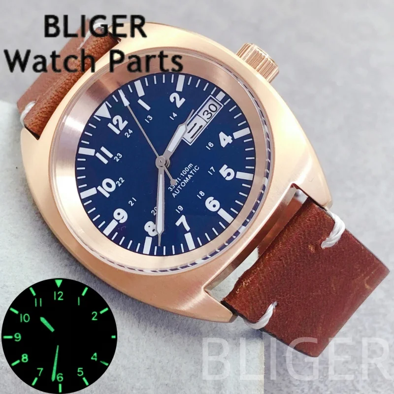 BLIGER 39 ミリメートルメンズ高級ローズゴールド NH36 自動巻き腕時計ミネラルガラス 10ATM 防水ビッグクラウン/スモールクラウン Watche 男性用