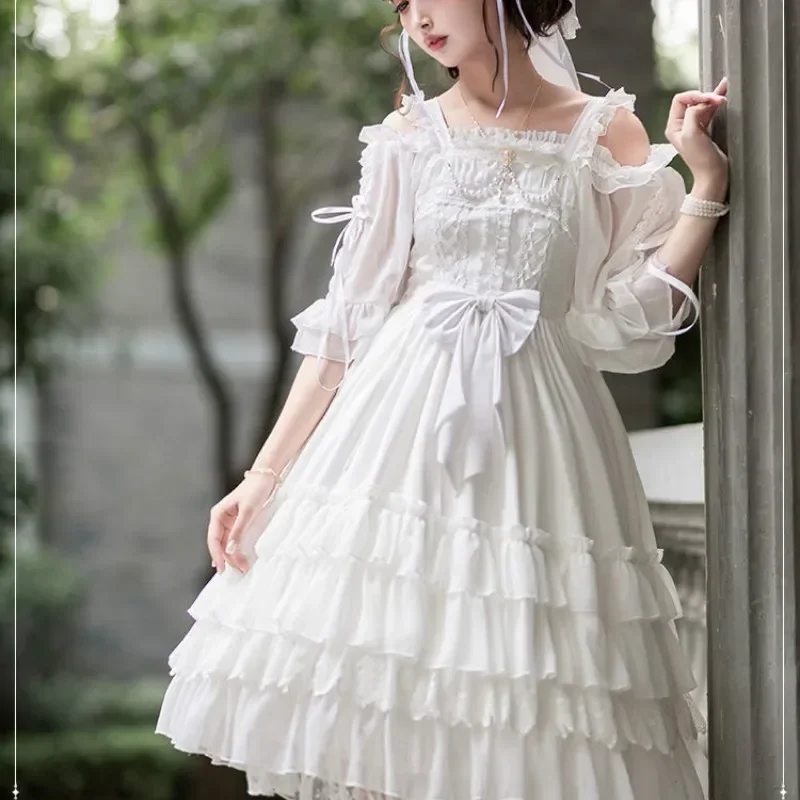 

Japanese Women Sweet Lolita Jsk Dress Victorian Renaissance Elegant Bow Lace Ruffles Tea Party Dress Girl Wedding Princess Dress