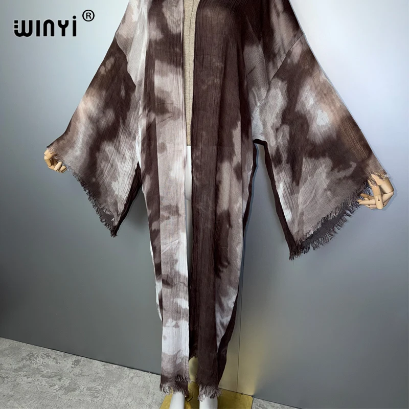 WINYI new Women's Boho Long Sleeve Cardigan Muslim Abaya Tie-Dye Kimono Print Luxury Dubai Style Cover up Kaftan Dress 3