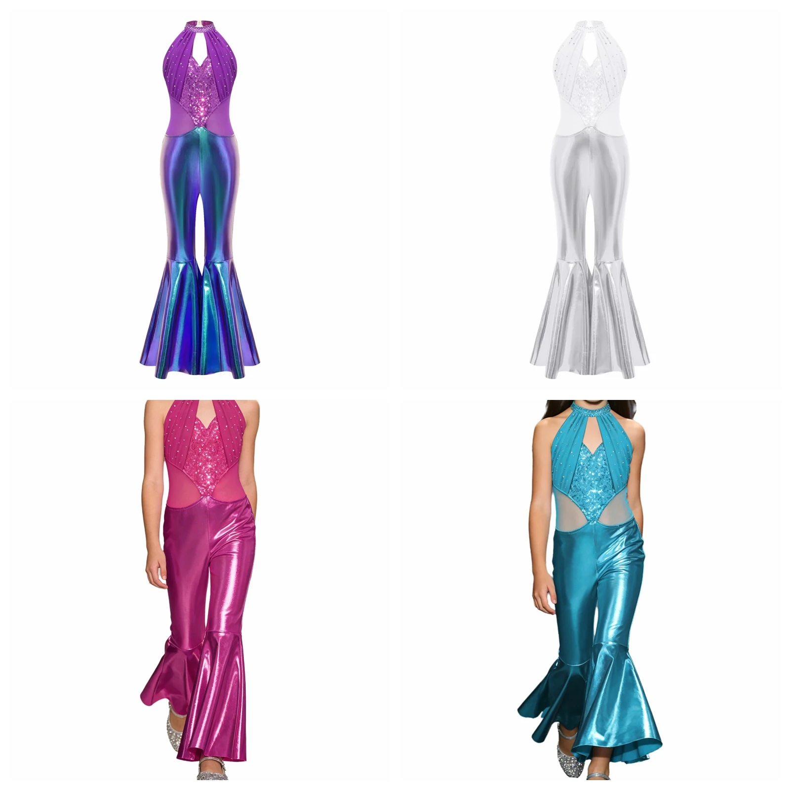 Girls Sequins Flares 60s 70s Disco Jazz Dance Outfits Child Metallic Flared Pants Jumpsuit Halter Party Rompers Birthday Costume