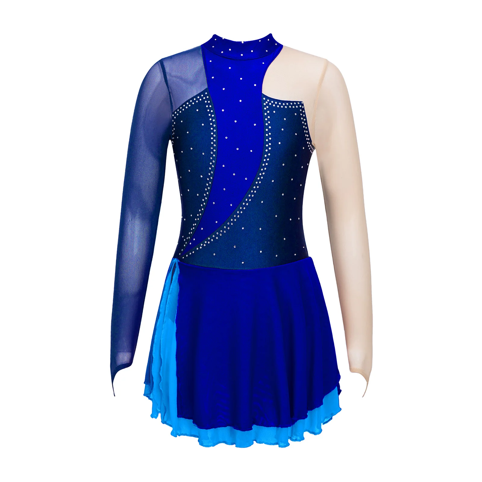 Kids Girls Figure Skating Dress Shiny Rhinestone Long Sleeve Ballet Dance Dress Gymnastics Leotards Performance Dancing Costumes