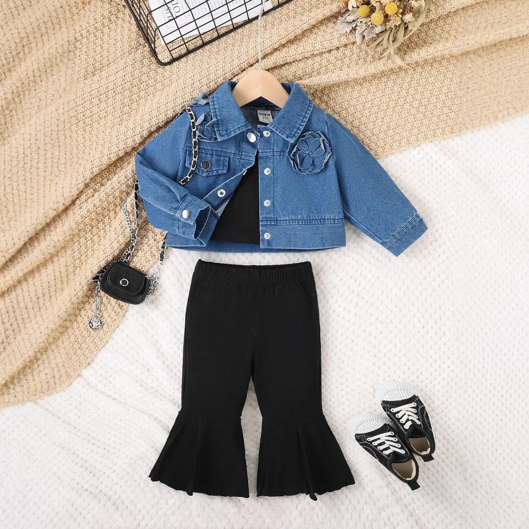 

Girls 3D Flower Blue Denim Jacket Black Camisole Flared Pants Korean Style Kids Casual Set Three-Piece Children Autumn Clothes