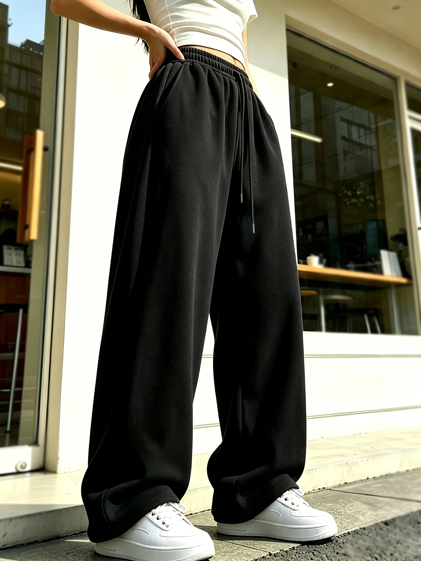 Grey elastic waistband drawstring wide leg sweatpants for women, with a sense of drape and loose straight leg floor pants