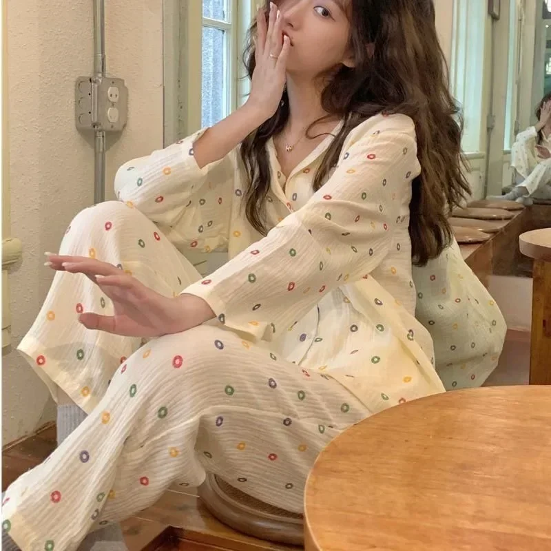 Vintage Dames Pyjama Set Voor Thuis Gebloemde Kanten Nachtkleding Met Lange Mouwen, Pak 2 Stuks Herfst Ruche Korean-Hals Nachtkleding