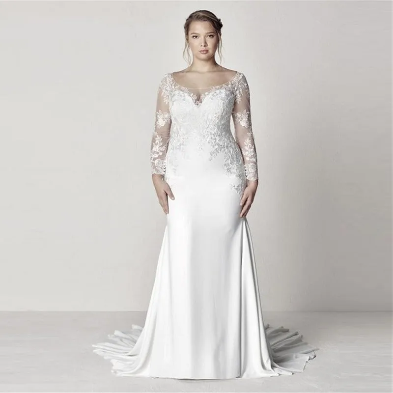 

New Fashion Scoop Neck Lace Applique Mermaid Wedding Dresses Custom Slim Formal Bridal Gowns Custom Plus Size Wedding Wear