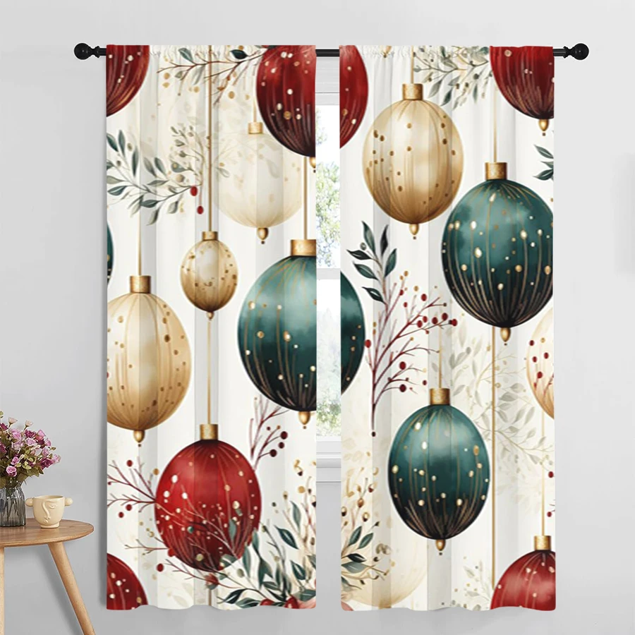 2PCS Christmas Digital Print Curtains, Xmas Ornaments Red Green Gold Branches, Festive for Living Room Bedroom Window Decor