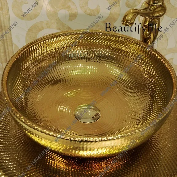 J European Art Column Wash Basin Bar Floor-to-ceiling Washbasin Ceramic Gold Integrated Wash Basin