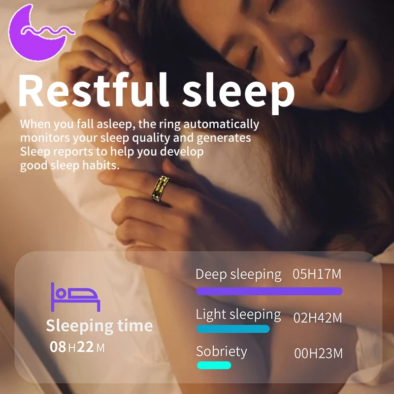 Smart ring with wireless Bluetooth connectivity and APP health monitoring - USB charging, exercise tracker and sleep detector.