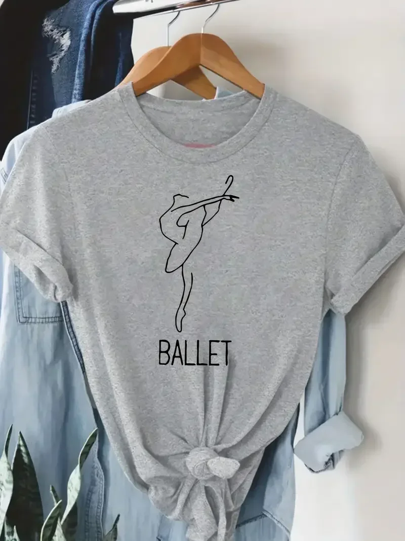 เสื้อยืดคอกลมแขนสั้นลายกราฟิกธีมบัลเลต์สำหรับผู้หญิง ดีไซน์นักเต้นบัลเลต์