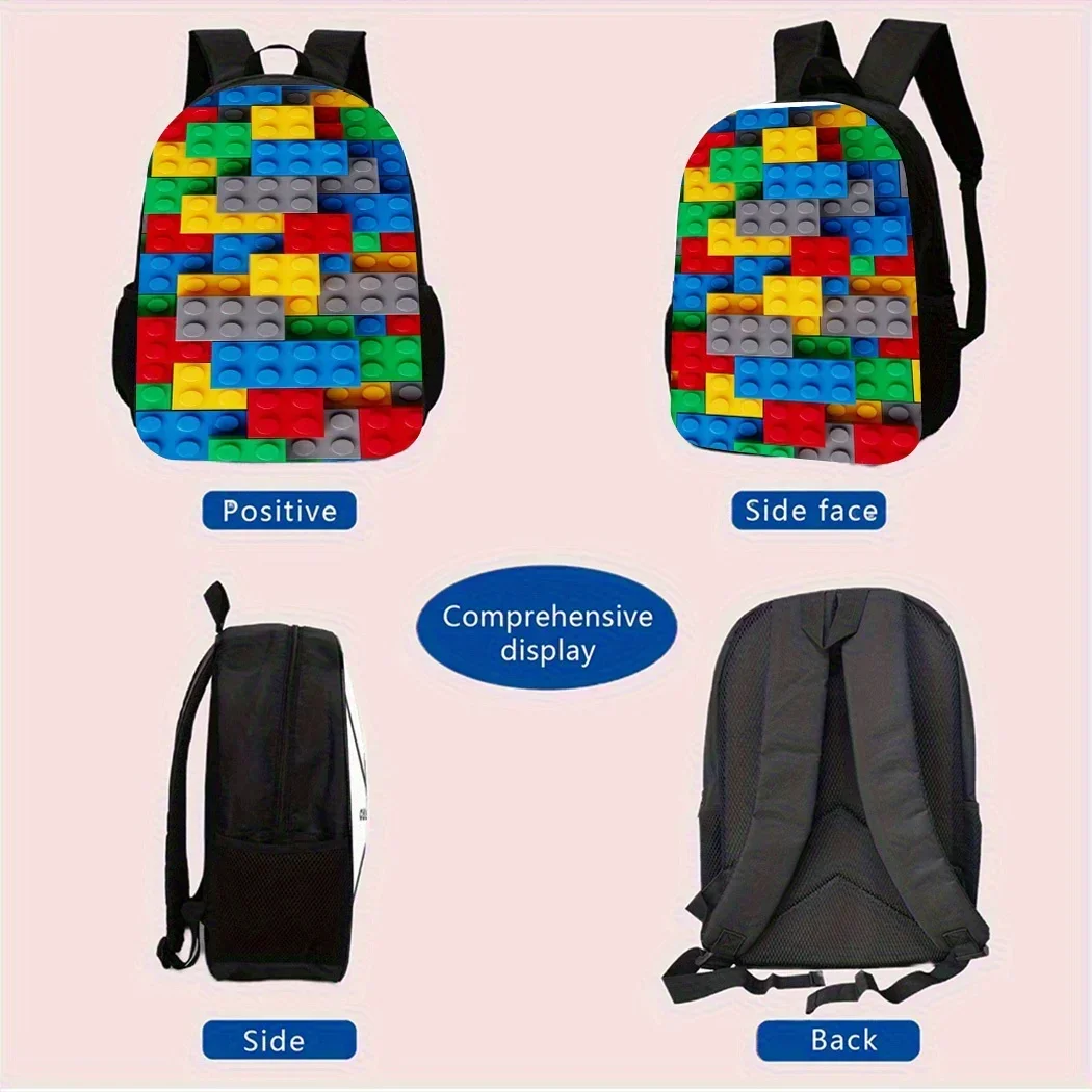3pcs Building Block Toy Backpack Set Includes A Large Capacity Backpack, A Pencil Case And A Zippered Lunch Bag With Adjustable