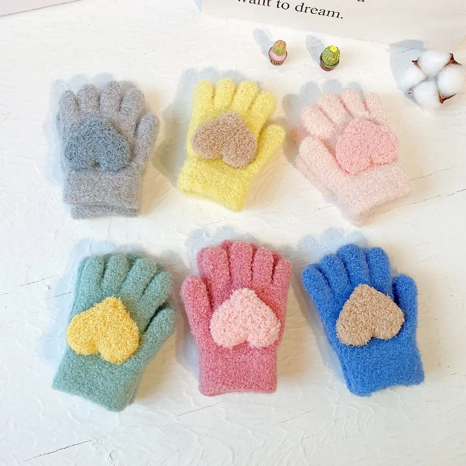 

Children's Gloves Winter Solid Thicken Velvet Baby Mitten Five Finger Gloves for Kids Toddler Outdoor Keep Warm Knitted Mittens