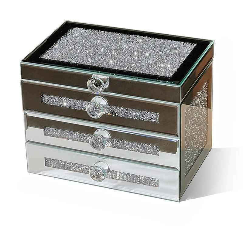 Silver Glass Jewelry Storage Box Luxury 3 Layers Large Capacity Jewelry Boxes Earrings Necklace Makeup Drawer Organizers Gifts