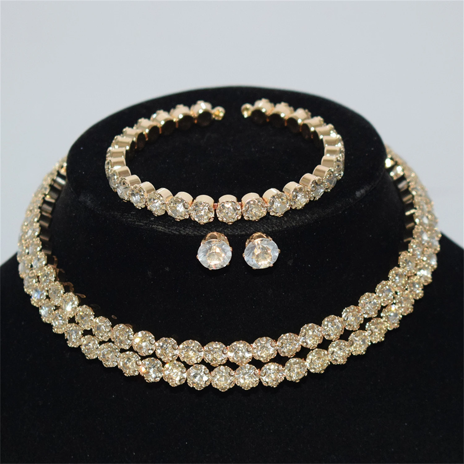 3pcs Wedding Jewelry Three Piece Set Fashionable Bridal Rhinestone Double Row Necklace Earrings Bracelet Set Strong Chain
