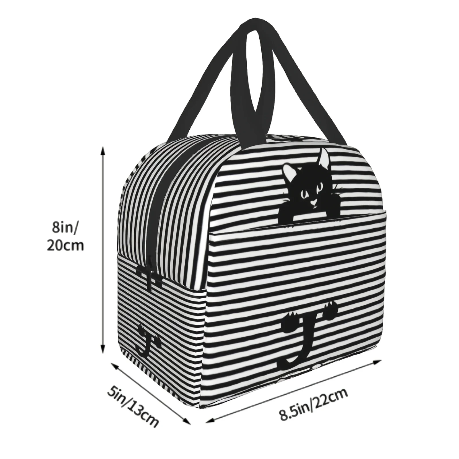 Bolsa de almuerzo térmica con bonito gato negro para mujer, fiambrera a rayas blancas y negras, bolsa de viaje portátil reutilizable con aislamiento para Picnic