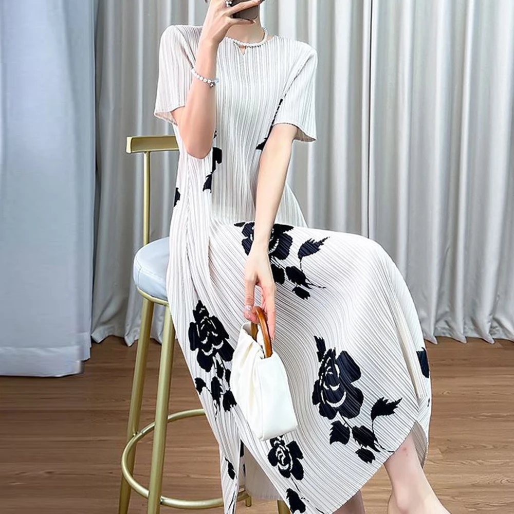 202 vestido de verão feminino estampado gola redonda manga curta redução de idade saia plissada suleste asiático vietnã pele de camarão