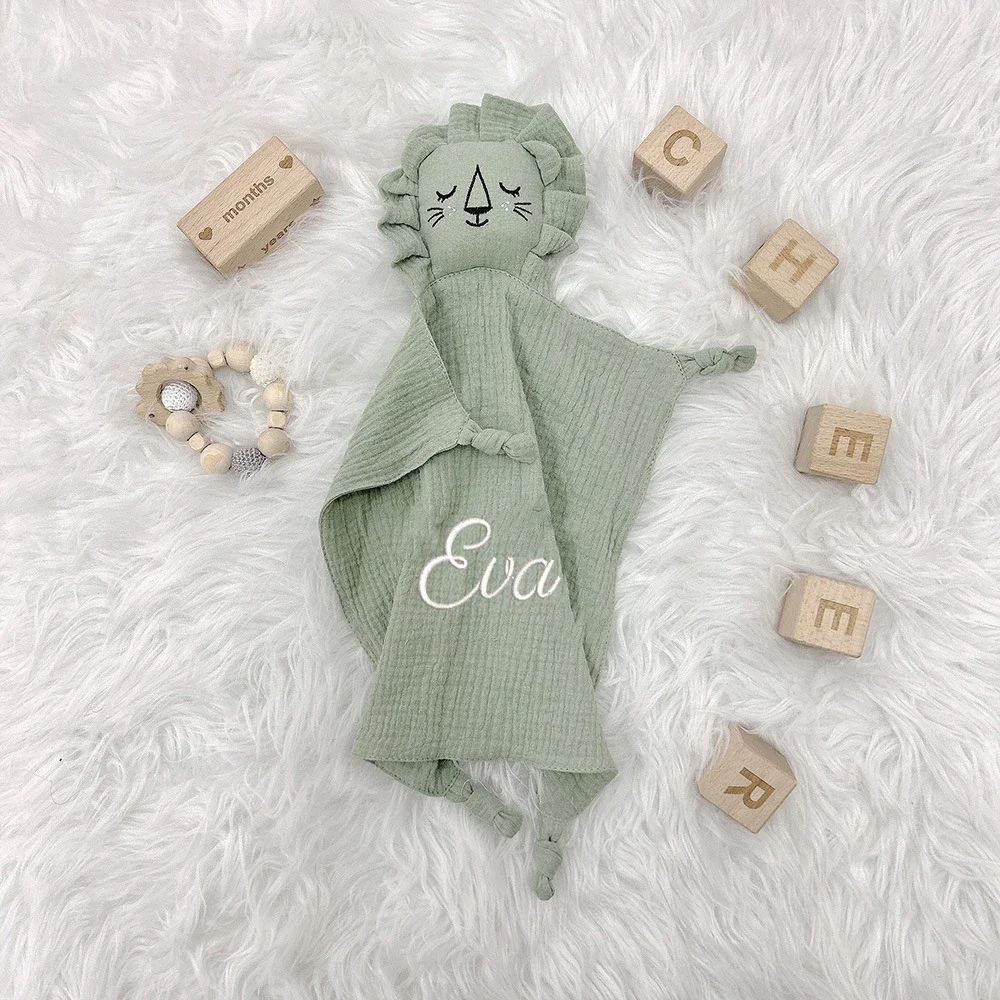 Name Personalized Embroidered Custom Baby Comforter Muslin Cotton Lion Sleeping Security Blanket Baby Shower Baby Birth Gift