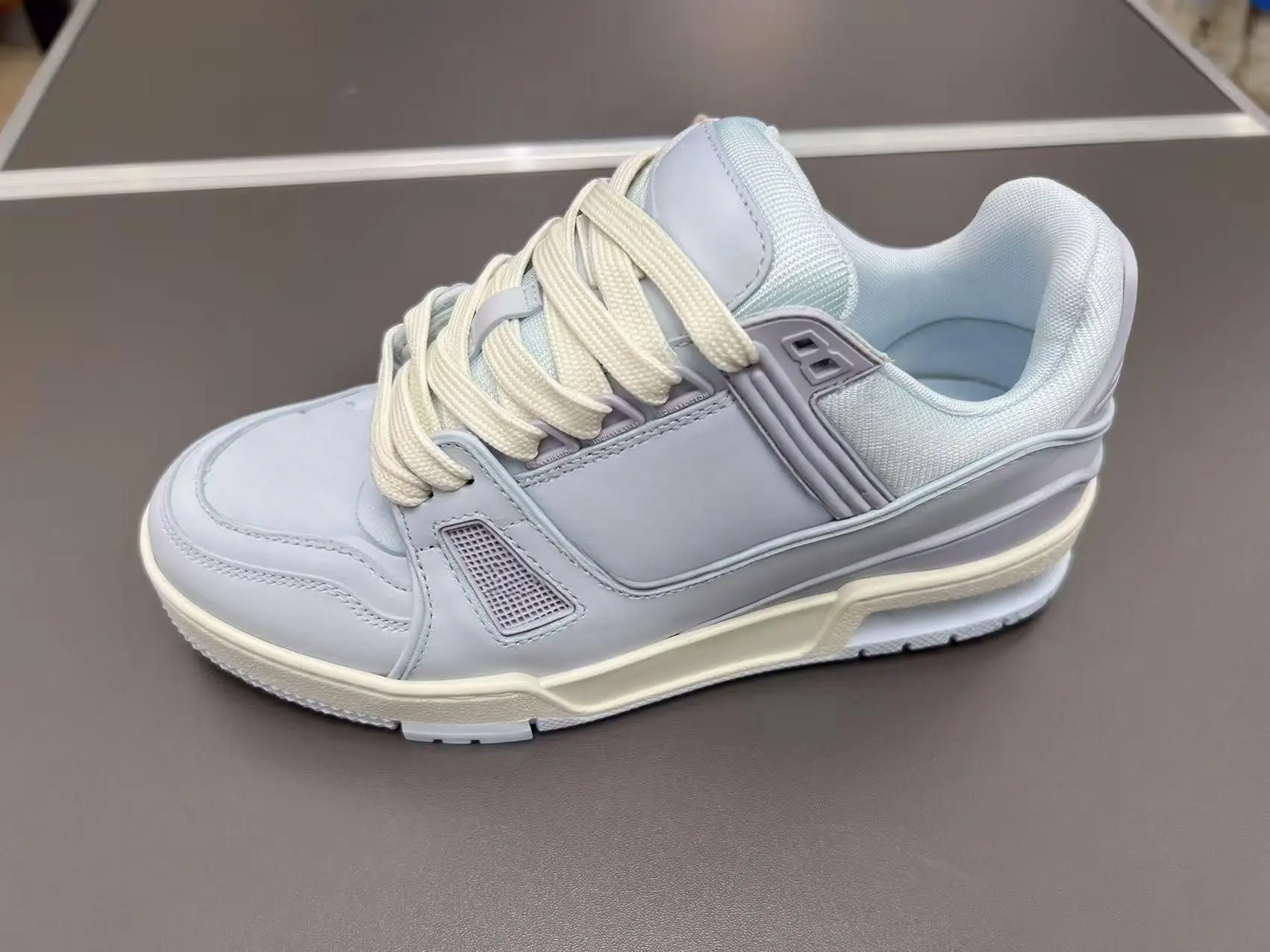 Unisex Light Blue Faux Leather Skate Sneakers, Wide Off White Laces Lace Up Thick Platform Street Board Shoes