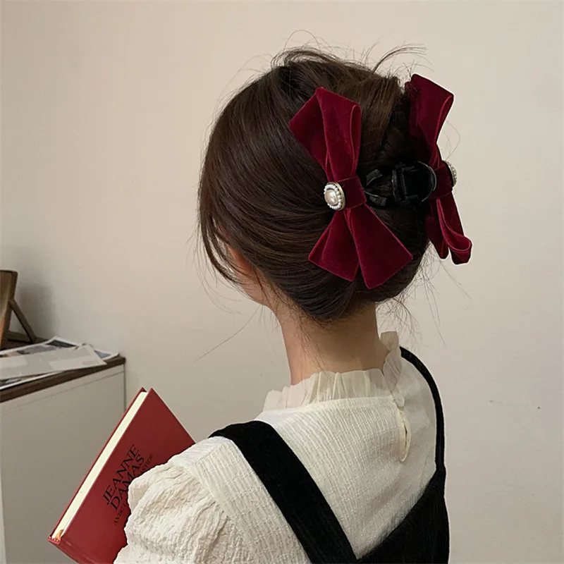 ผู้หญิง Retro Retro Pearl Bow กำมะหยี่กิ๊บติดผมเด็ก Elegant เรียบง่ายกิ๊ฟหนีบผม Hairpins กิ๊บแต่งผมหญิงเครื่องประดับผม