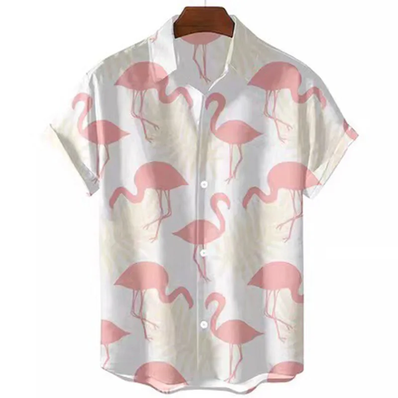 2024 New Hawaiian Beach Style Floral Shirt Men\'s Summer Fashion Short Sleeve Flamingo Print Trendy Tops Large Size Clothing