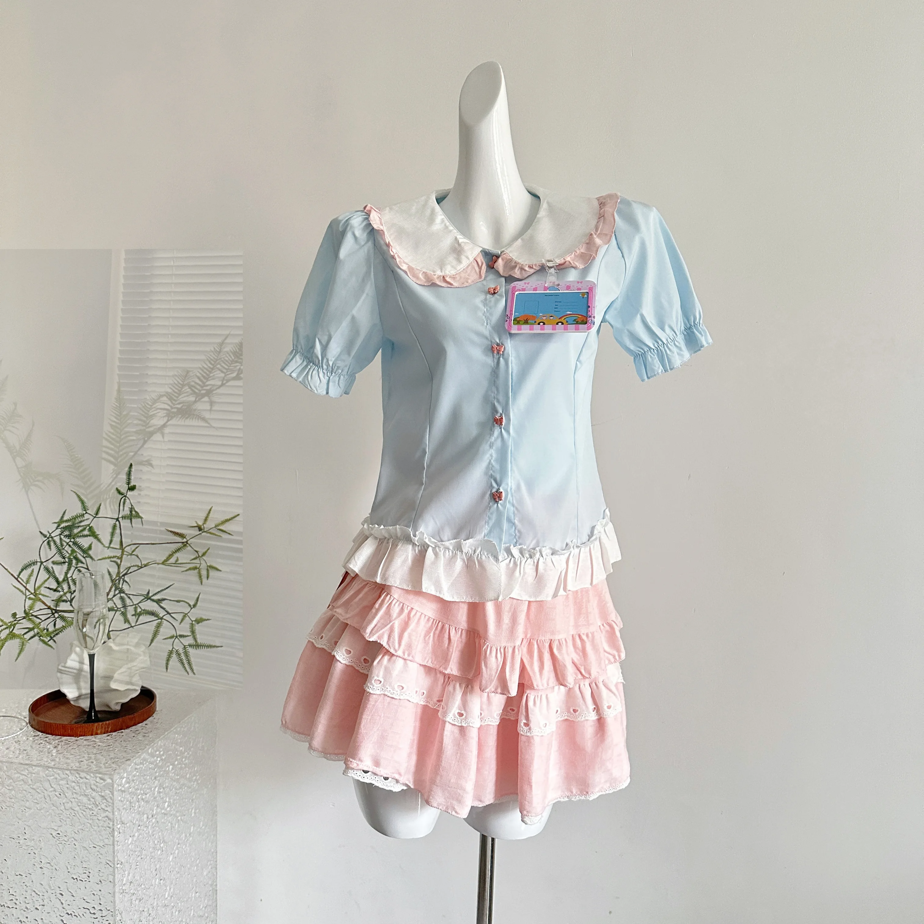 

Japanese Sweet Kawaii Loose 2-piece Set Women Summer Casual Thin Short Sleeve Tops Female + High-waist Cake Short Skirt Suit New