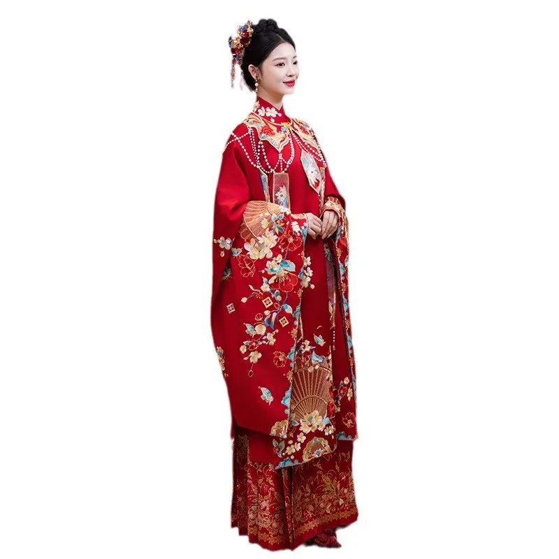 Heavy industry red robe embroidered with front opening long gown Han phoenix crown Chinese-style toasting dress