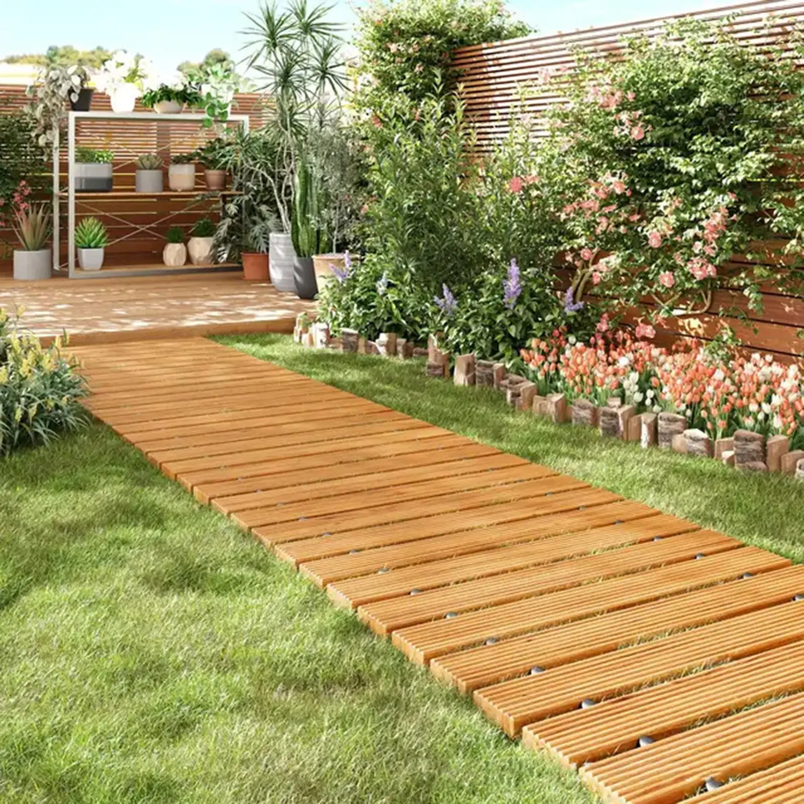 Wooden Garden Pathway 8 ft Weather Resistant Space Saving Versatile Roll Out Straight Pathway for Beach Garden Patio Outside
