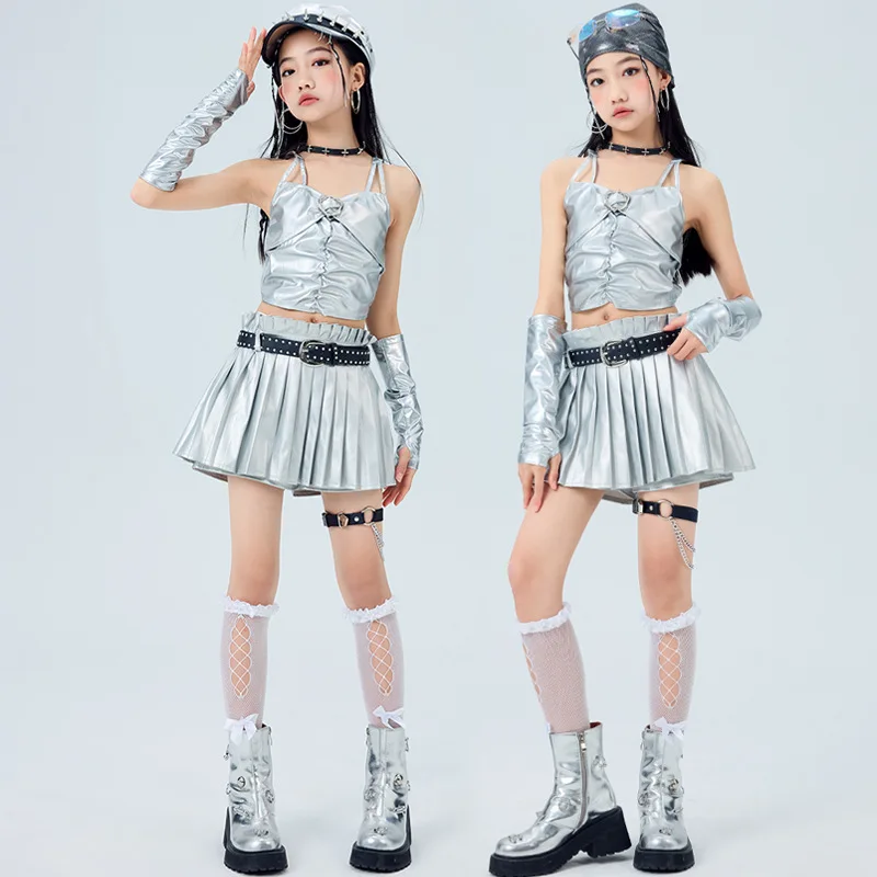 Hip Hop Girls Shiny Tank Top Silver Skirt Street Dance Pants Kids K-pop Streetwear Costume Children Jazz Girl Group Clothes Sets