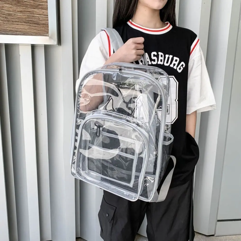 Modischer transparenter PVC-Rucksack mit großer Kapazität, wasserdicht, Schultasche für Schüler, mehrere Taschen, vielseitig kombinierbare durchsichtige Umhängetasche für die Schule. – Detail 6