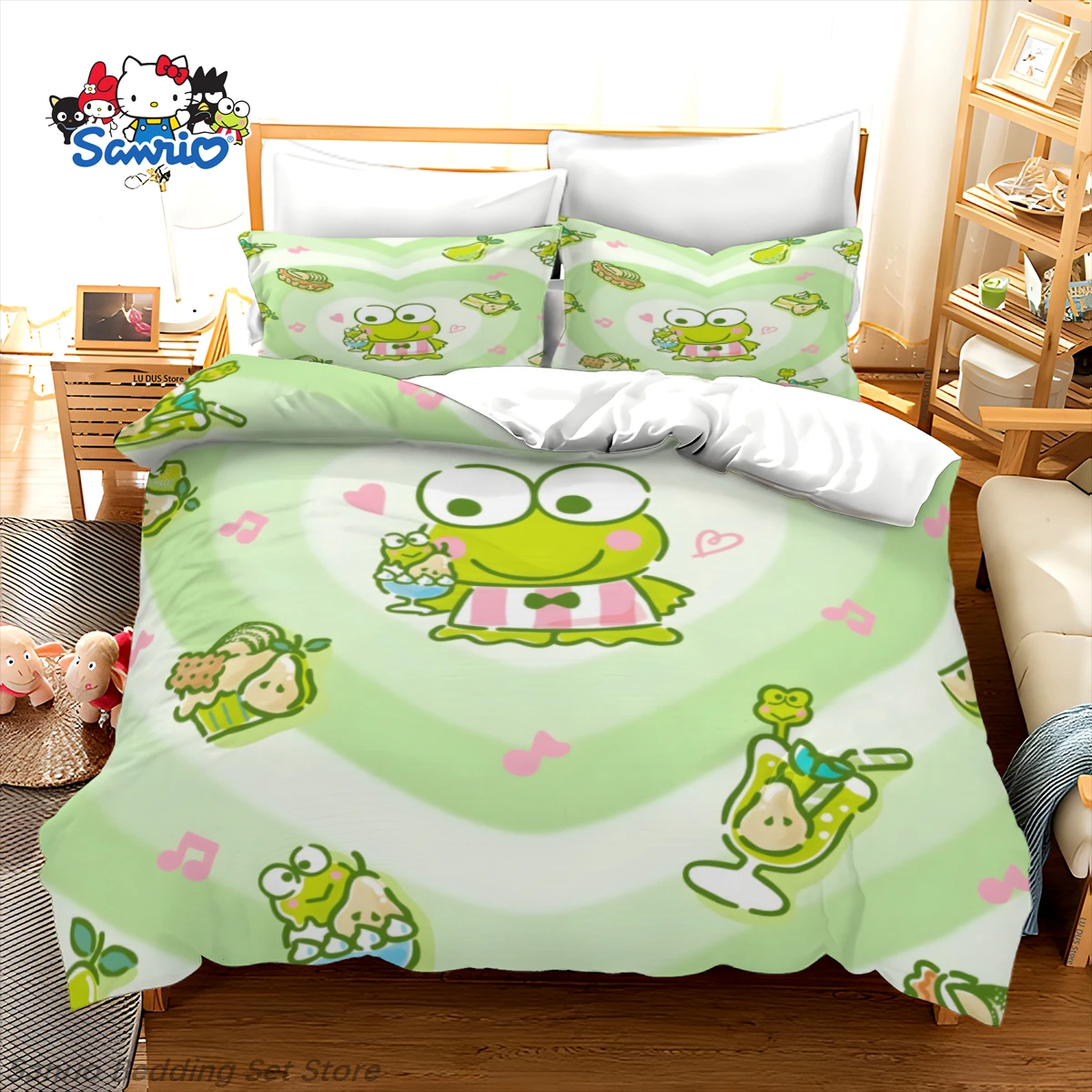 

Sanrio Keroppi Bedding Set Kawaii Green Frog Duvet Cover with Pillowcases Cute Cartoon Quilt Cover for Bedroom Decor Kids Gift