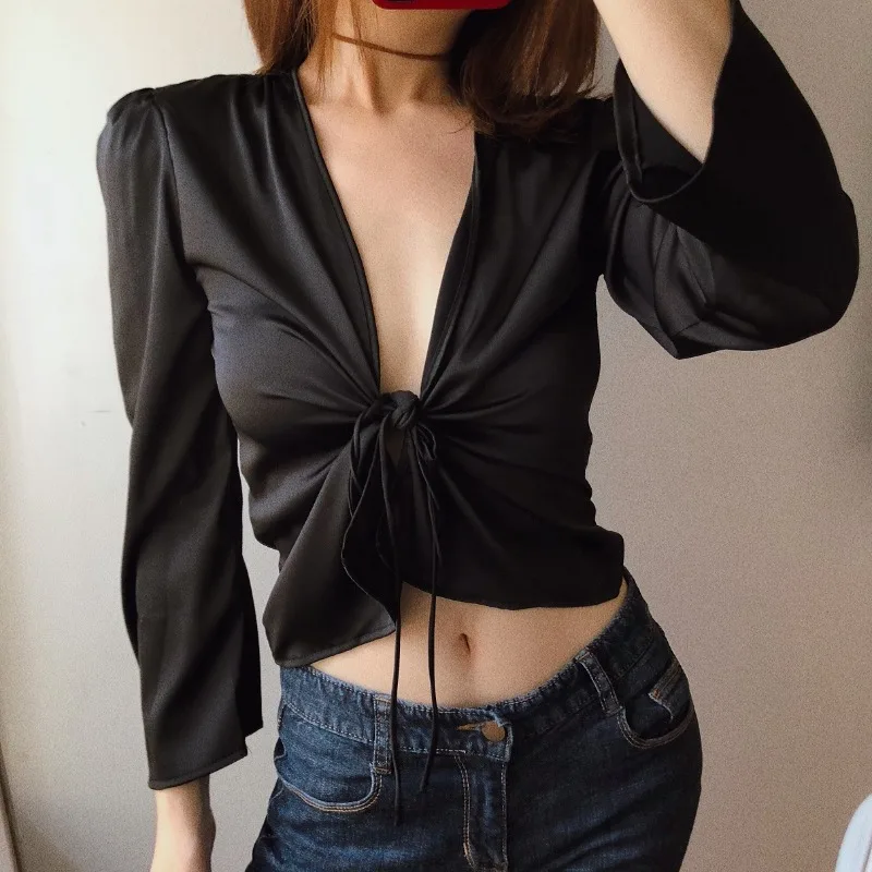 الرجعية بلون الساتان السلس الساتان قمصان موضة الخامس رابطة عنق على شكل حرف v عقدة طويلة الأكمام قصيرة الشمس Bloue مثير الملابس النسائية قميص #3