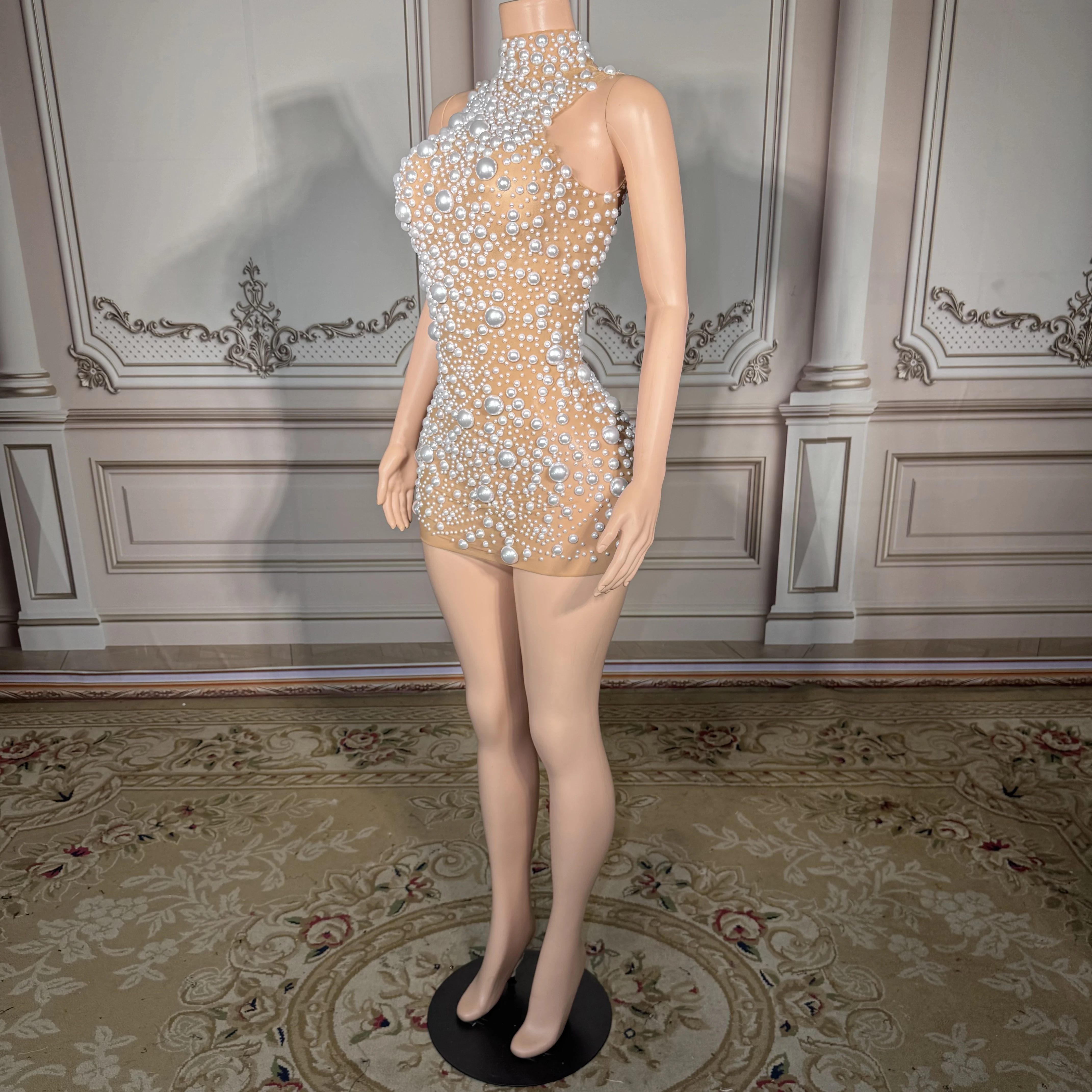 ZD Elegante A-lijn Satijnen Avondjurk Zuiver Witte Parels Naakt Mesh Trim Rode Loper Mode Outfit voor Zomer Sexy Nieuw Ontwerp