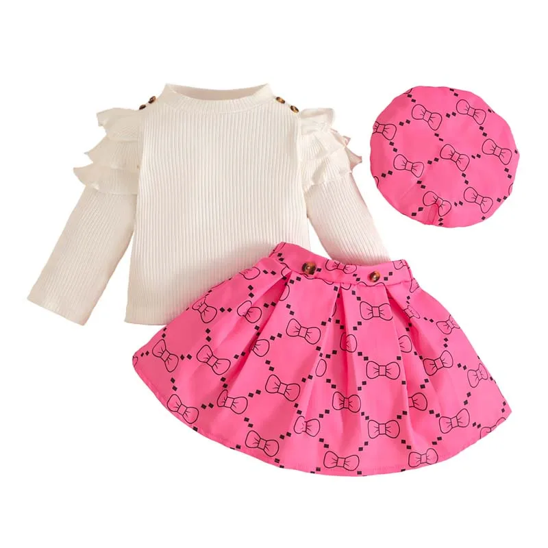 

Autumn Baby and Children 3Pcs/Sets Fashion Clothes For Girls 1–3Years Old Ruffled Striped Long Sleeves Top+Printed Skirt+Beret