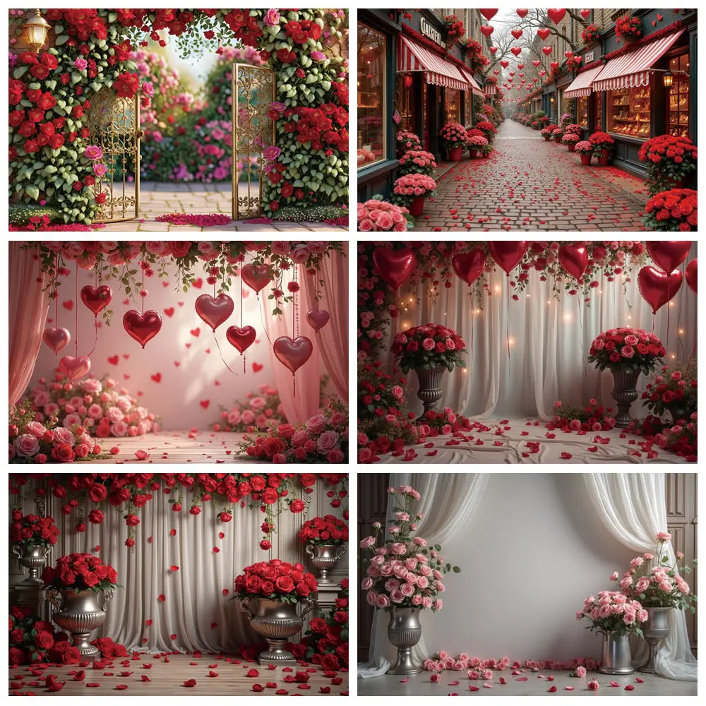 

MOON.QG 2025 Valentine's Day Balloon Hanging Flower Drapes Photography Backdrop February 14 Red Curtain Glitter Heart Background