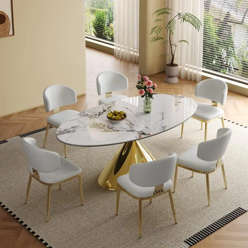 

Modern Luxury Marble Oval Dining Table Set for 4-6 with Gold Stainless Steel Base & 6 Padded Chairs - Elegant Contemporary