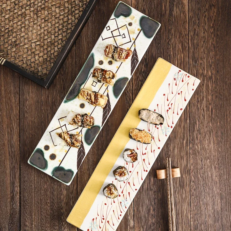Restaurant Cold Dishes, Hand-painted Rectangular Ceramic Tableware, Sushi Plate, Creative Seafood Sashimi Plate, Flat Plate