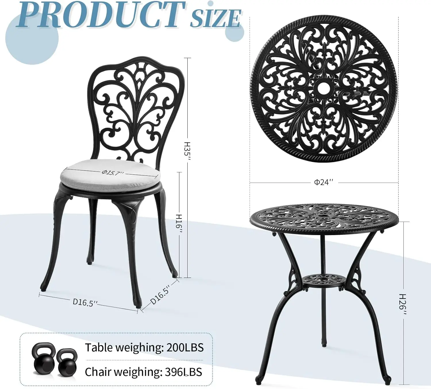 Set da 3 pezzi per Patio da bistrot tavolo e sedie da bistrot in alluminio pressofuso Set di 2 con cuscino, con foro per ombrellone, Set di mobili da giardino in metallo