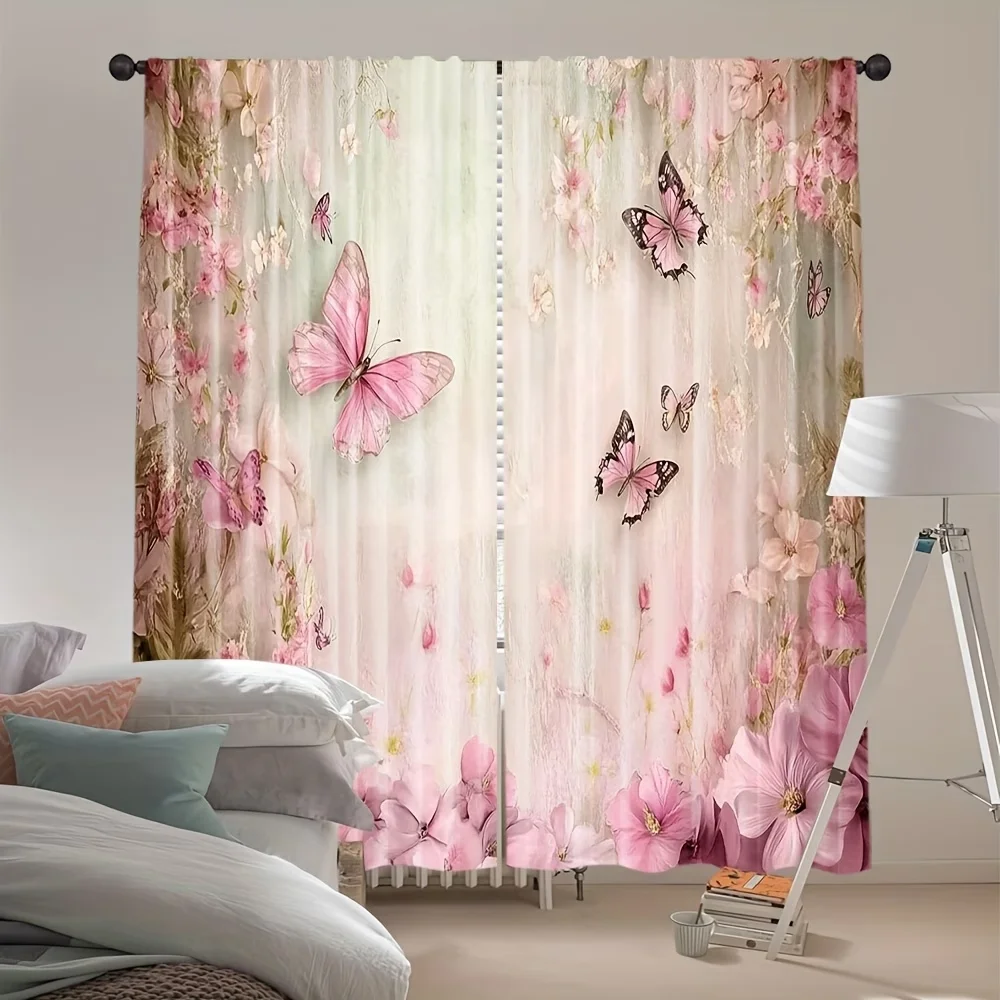 2PCS Digital Printed Curtains, Pink Green Butterfly Fresh Nature Insect, Window Curtains for Living Room Bedroom Home Decoration
