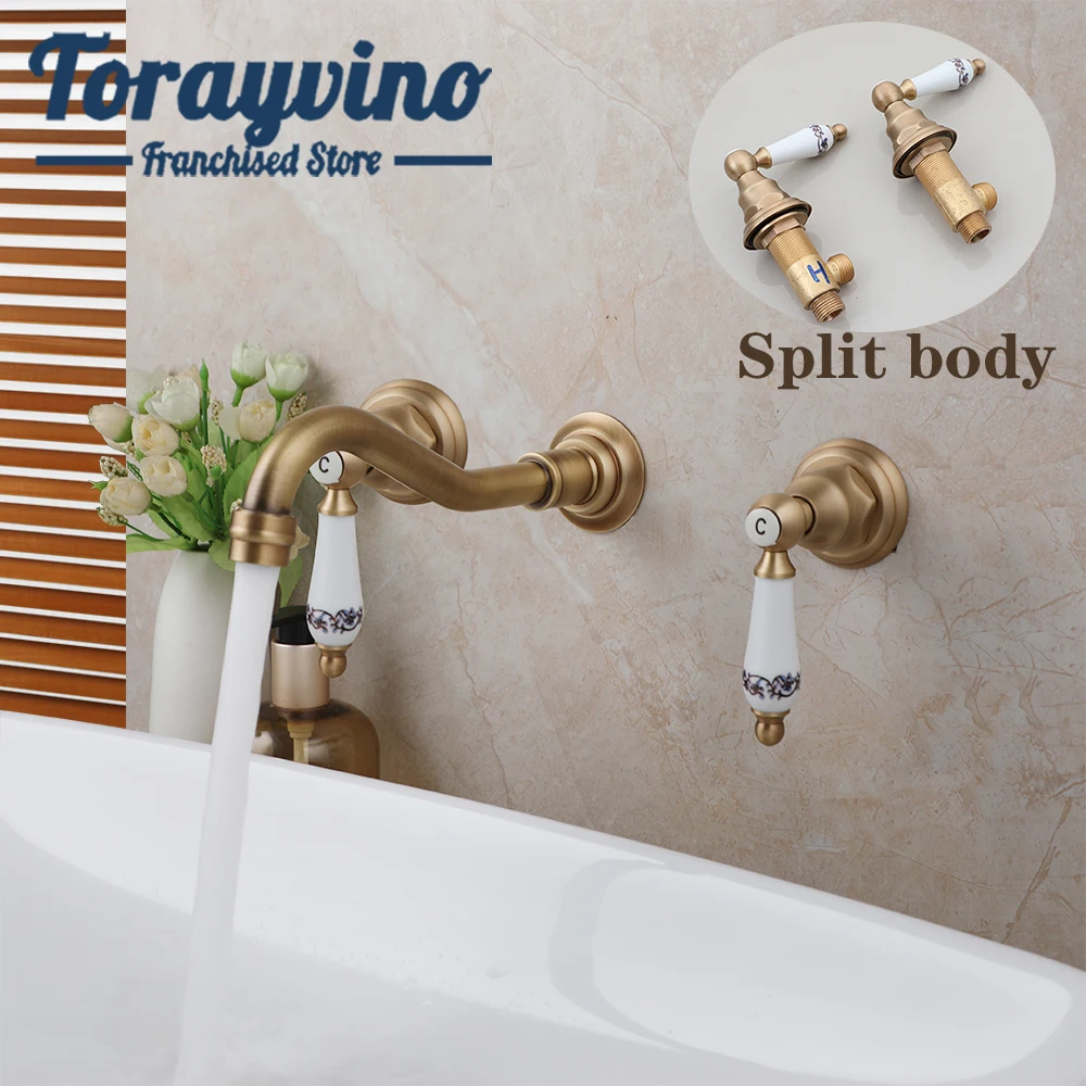 Torayvino Bathroom Antique Brass Bathtub Faucet Ceramic Dual Handle Wall Mounted Stream Outlet Hot Cold Water Mixer Taps