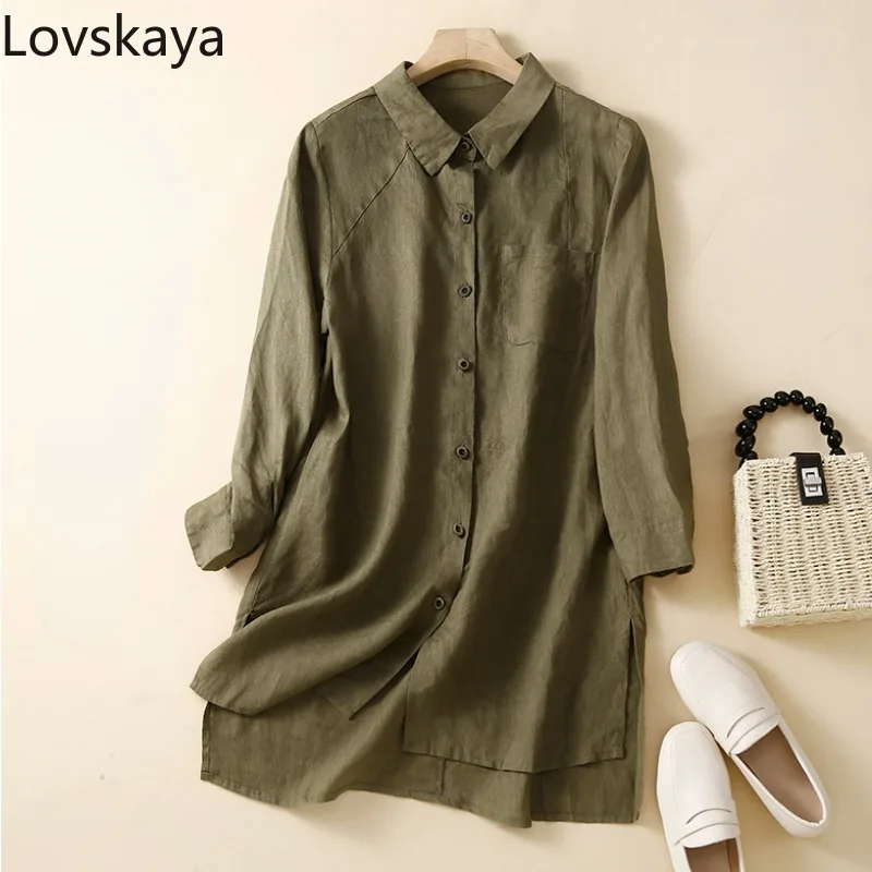 

Solid color long sleeved shirt jacket for women artistic linen medium length covered belly top with slimming linen material