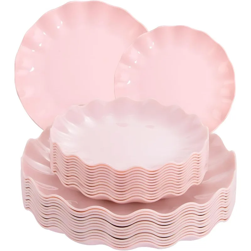 

24pcs Pink Plates Reusable, Pink Plastic Plates Durable and Microwave Dishwasher Safe, Baby Shower Plates, Light Weight Daisy