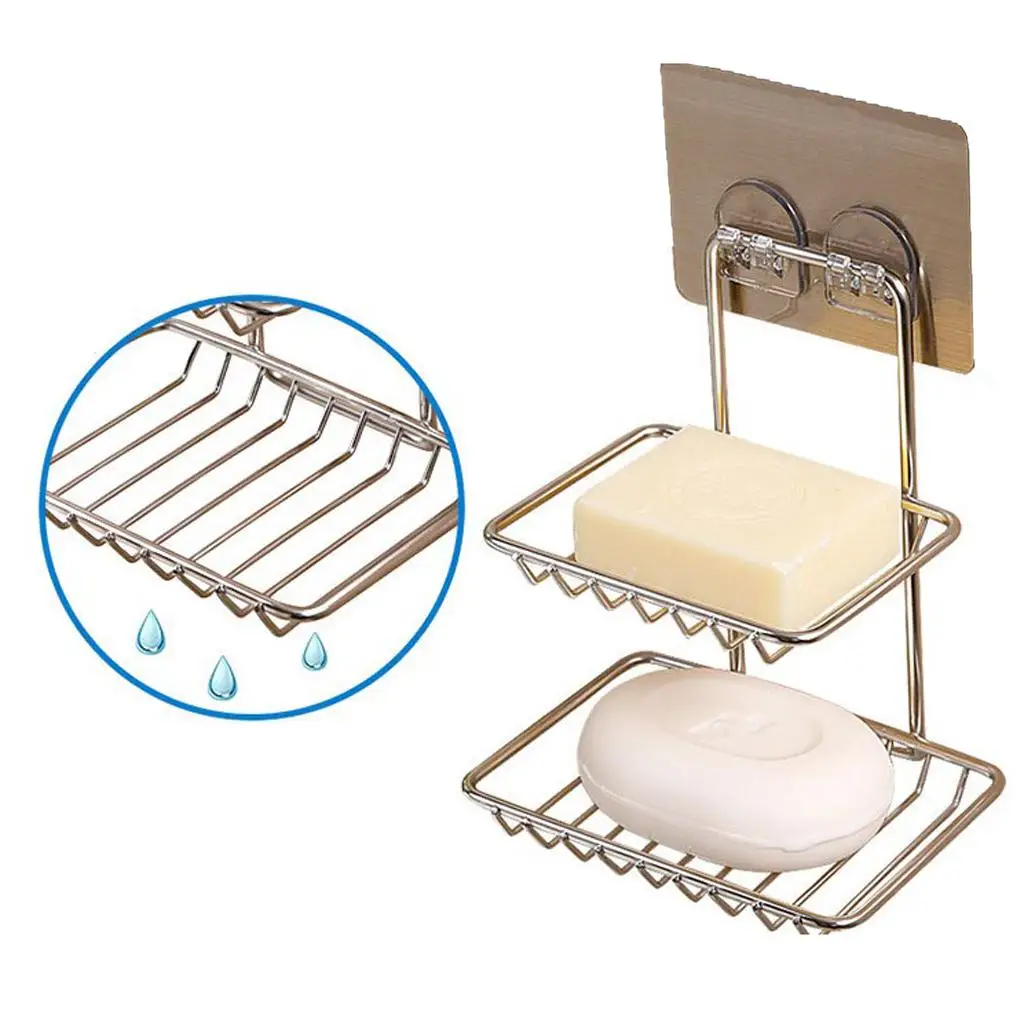 

Stainless Steel Wall Adhesive Soap Holder Storage Tray Dish Rack Two Layers